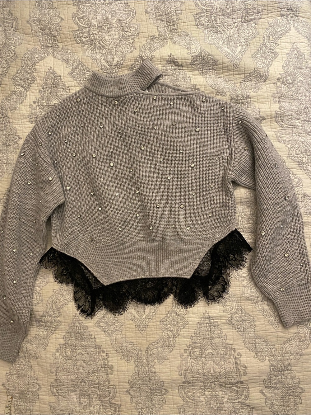 Self-Portrait Gray Pearl-Embellished Turtleneck Sweater with Black Lace Hem